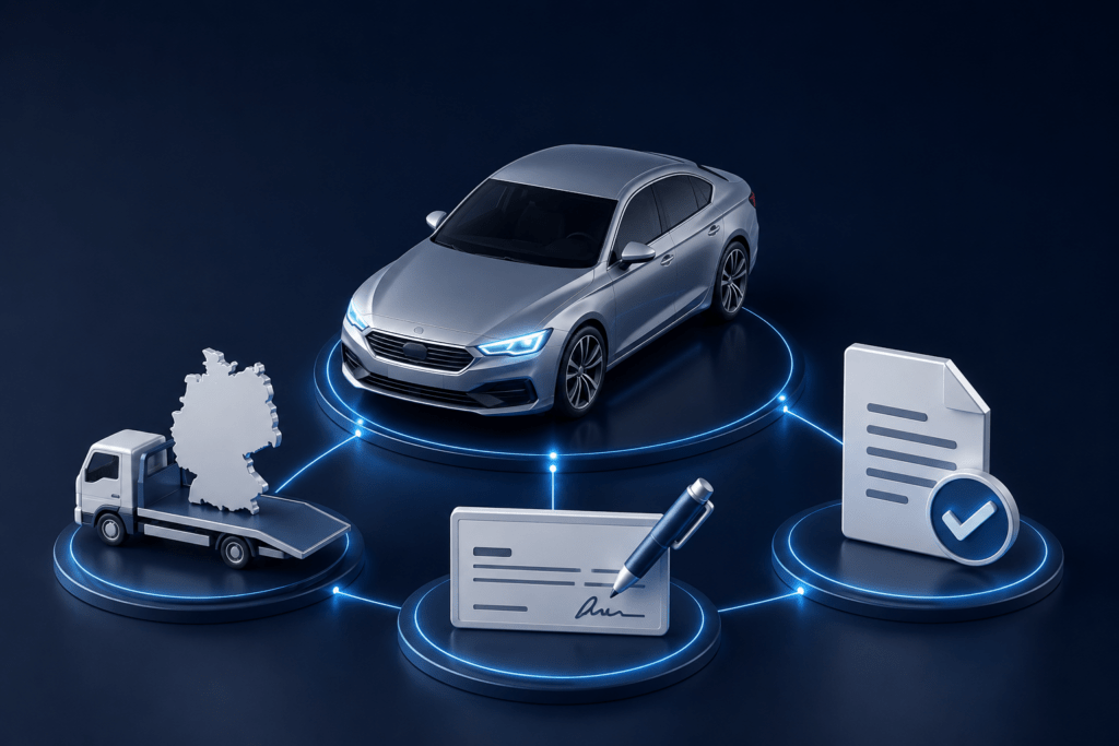 Illustriertes Auto mit Symbolen für Abholung, Verkaufsabschluss und Abmeldung